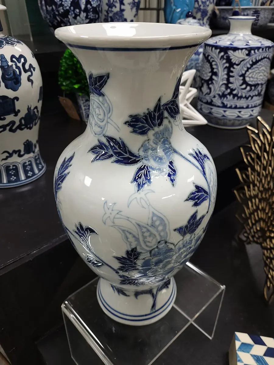 Galt International Blue & White Floral Chinoiserie Ceramic Vase 14" | Hand Painted Antique Style - view 5
