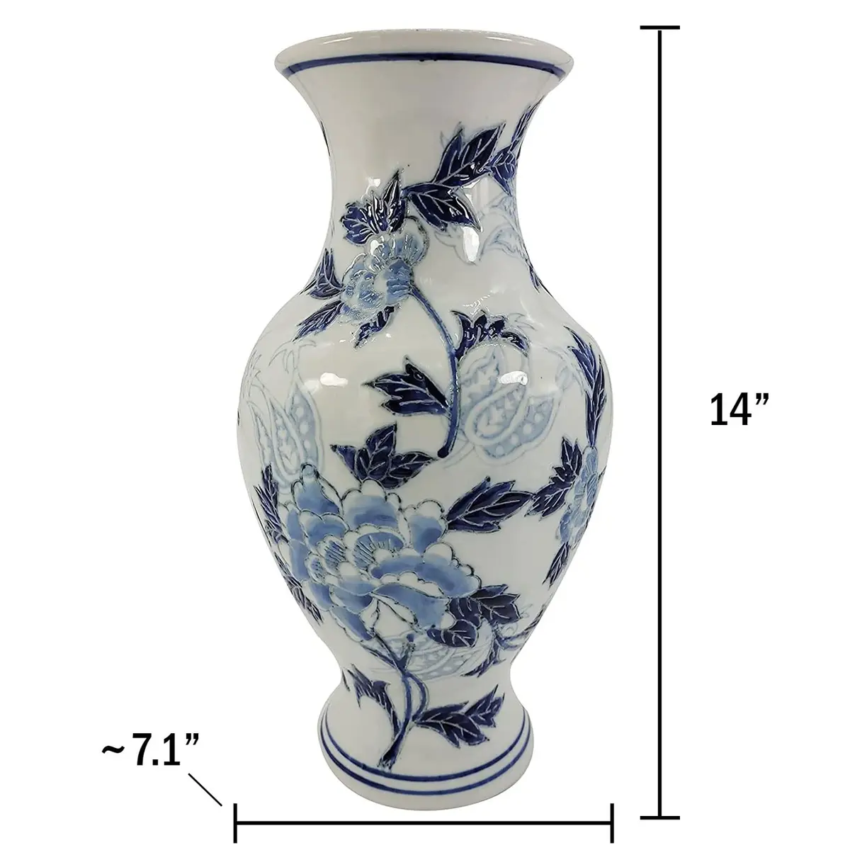 Galt International Blue & White Floral Chinoiserie Ceramic Vase 14" | Hand Painted Antique Style - view 6