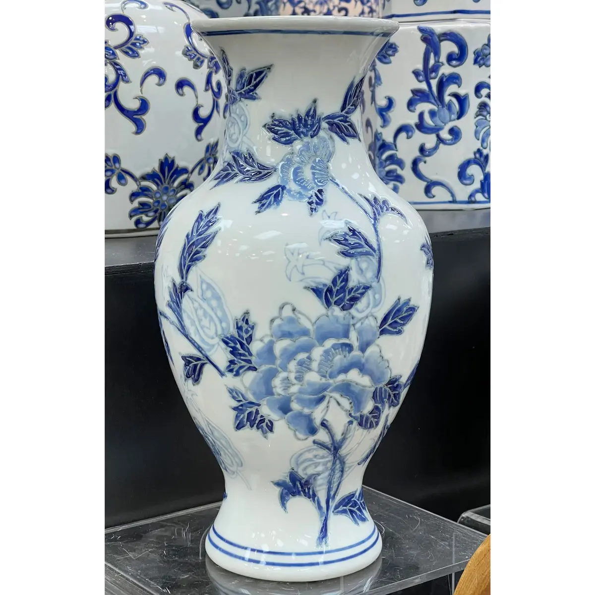 Galt International Blue & White Floral Chinoiserie Ceramic Vase 14" | Hand Painted Antique Style - view 2