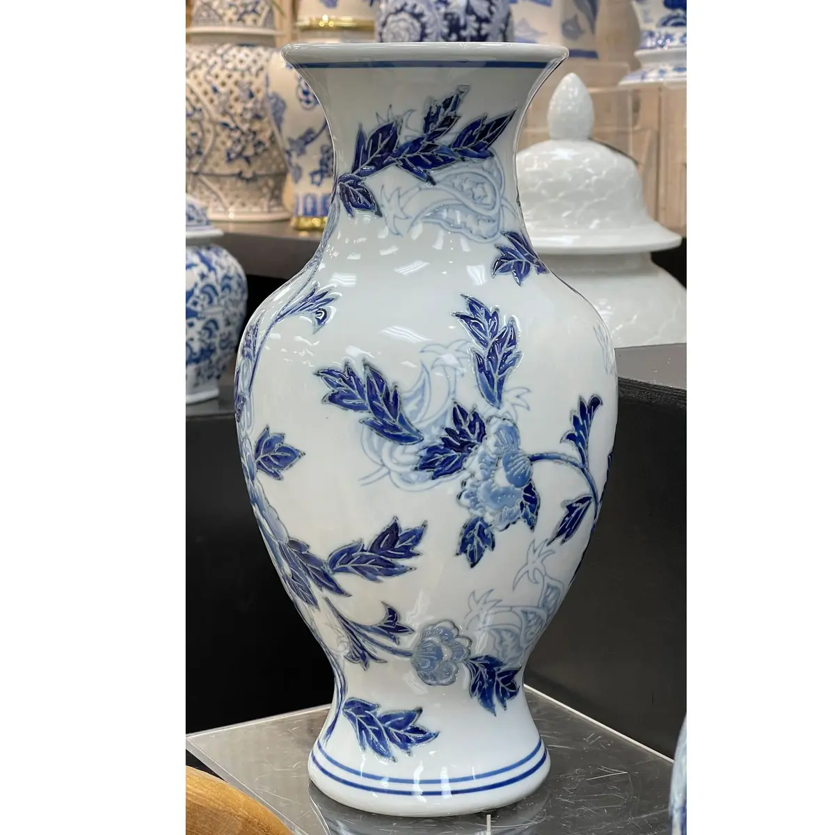 Galt International Blue & White Floral Chinoiserie Ceramic Vase 14" | Hand Painted Antique Style - view 3
