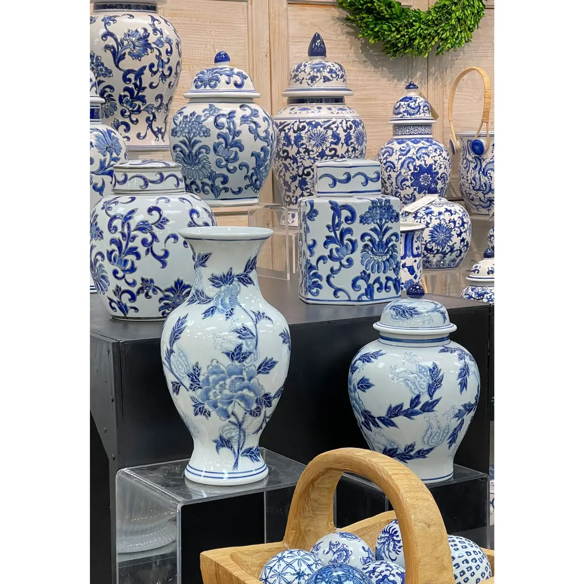 Galt International Blue & White Floral Chinoiserie Ceramic Vase 14" | Hand Painted Antique Style - view 4