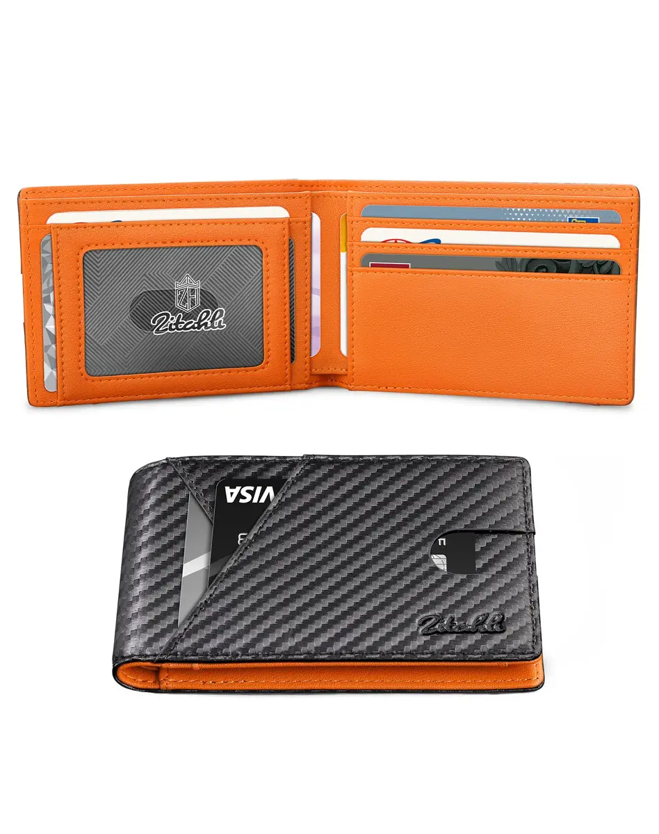 Zitahli Slim RFID Leather Bifold Wallet for Men, Carbon Black & Orange | 11.2 cm (4.4 in) x 8 cm (3.1 in) x 1.3 cm (0.5 in) - main product image
