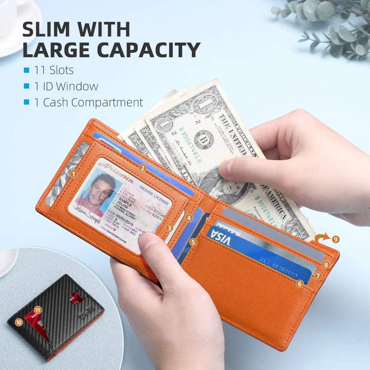 Zitahli Slim RFID Leather Bifold Wallet for Men, Carbon Black & Orange | 11.2 cm (4.4 in) x 8 cm (3.1 in) x 1.3 cm (0.5 in) - view 3