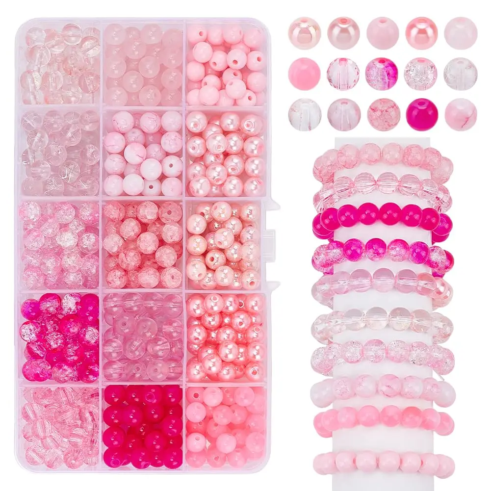 PH PandaHall 450pcs 8mm Pink Glass Beads | Breast Cancer Awareness Beads for Jewelry Making - main product image