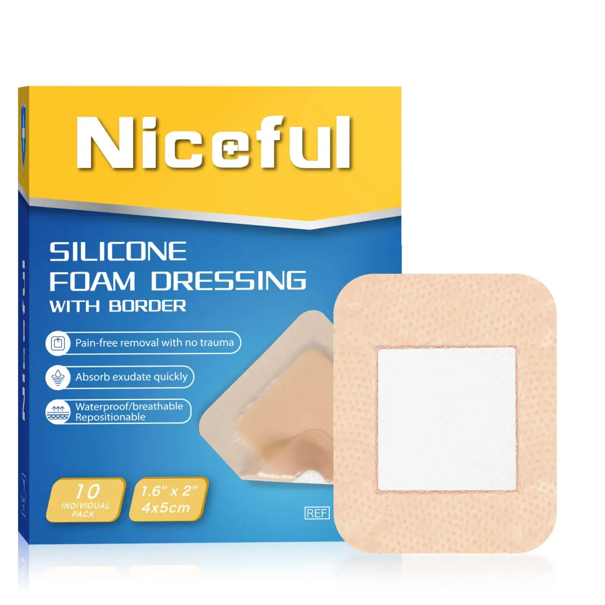 Niceful Silicone Foam Dressing 1.6x2 Inch (10 Pcs) | 5-Layer Absorbent Core for Wound Care - main product image