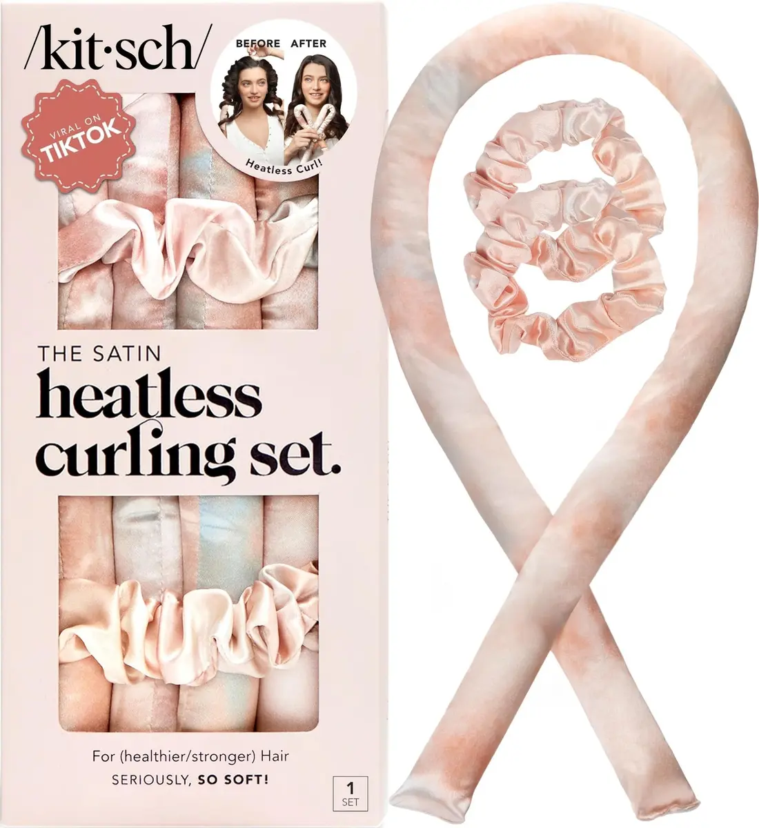 Kitsch Satin Heatless Curls Overnight Set - Sunset Tie Dye | 34" Rod & 2 Satin Scrunchies - main product image