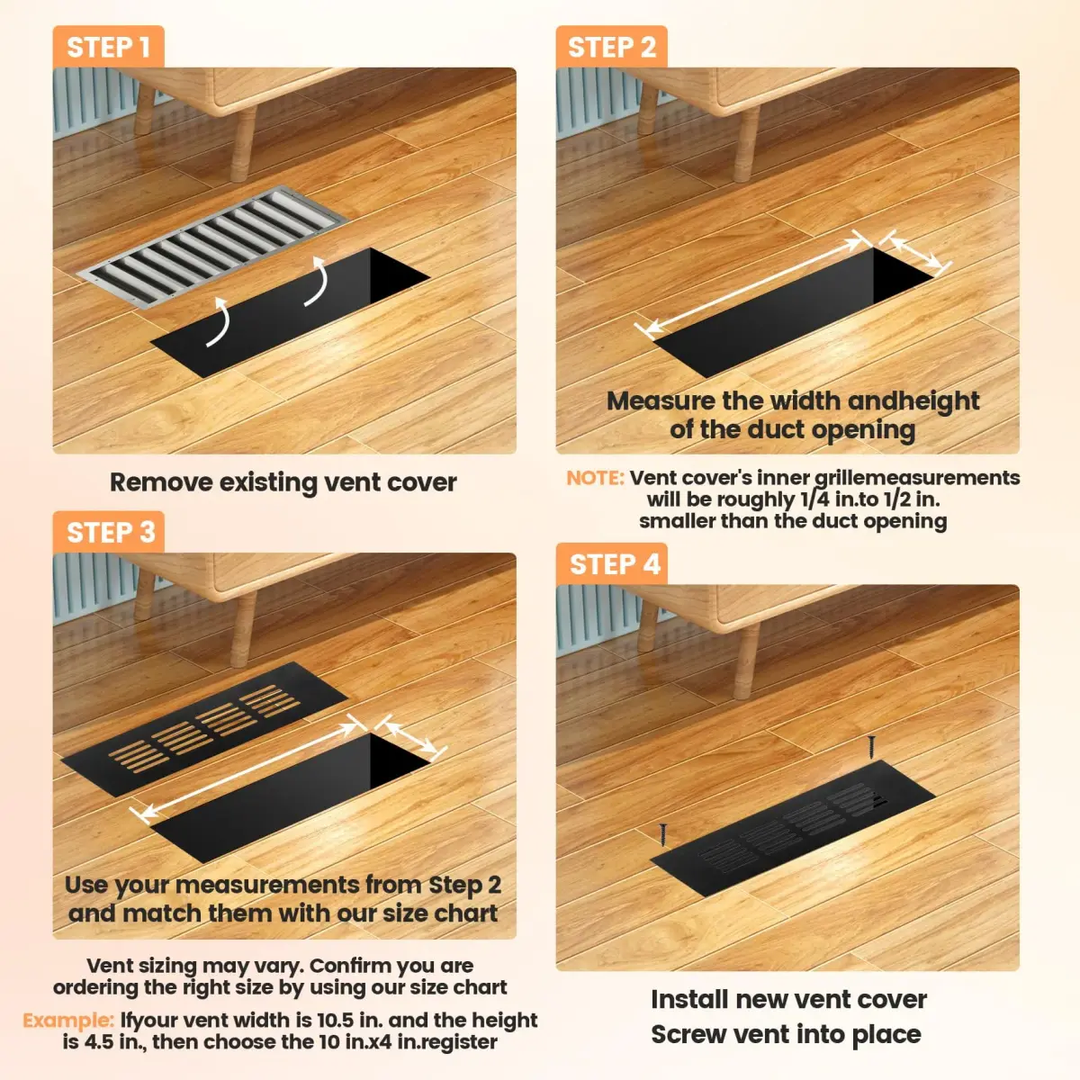 Geesatis Black Air Vent Covers 400 x 100 mm (15.7 x 4 Inch) | Rust-Proof Aluminum Alloy for Cabinets & Closets - view 4