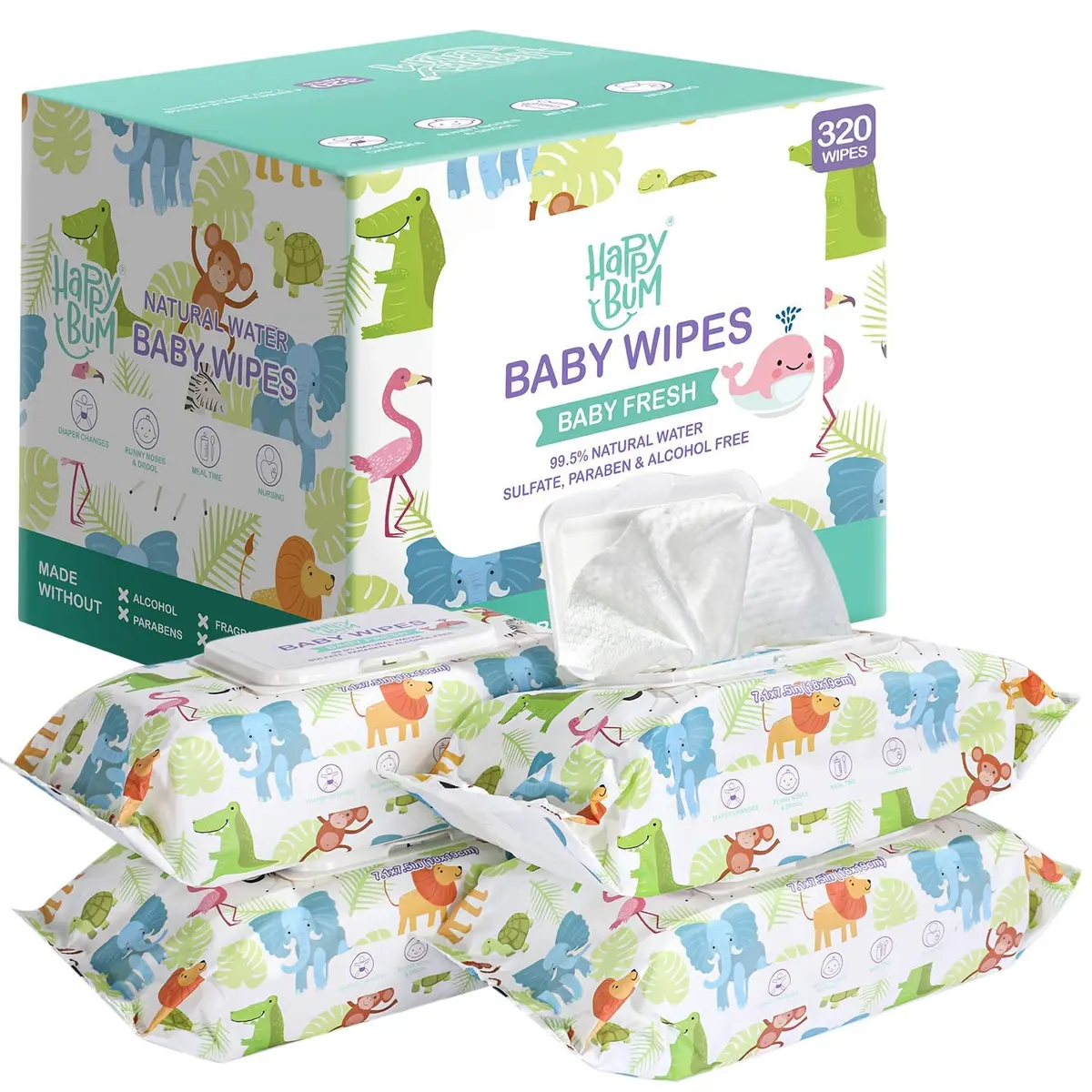 HAPPY BUM Baby Wet Wipes Unscented 320 Count | Gentle on Sensitive Skin, Extra Large Size - main product image