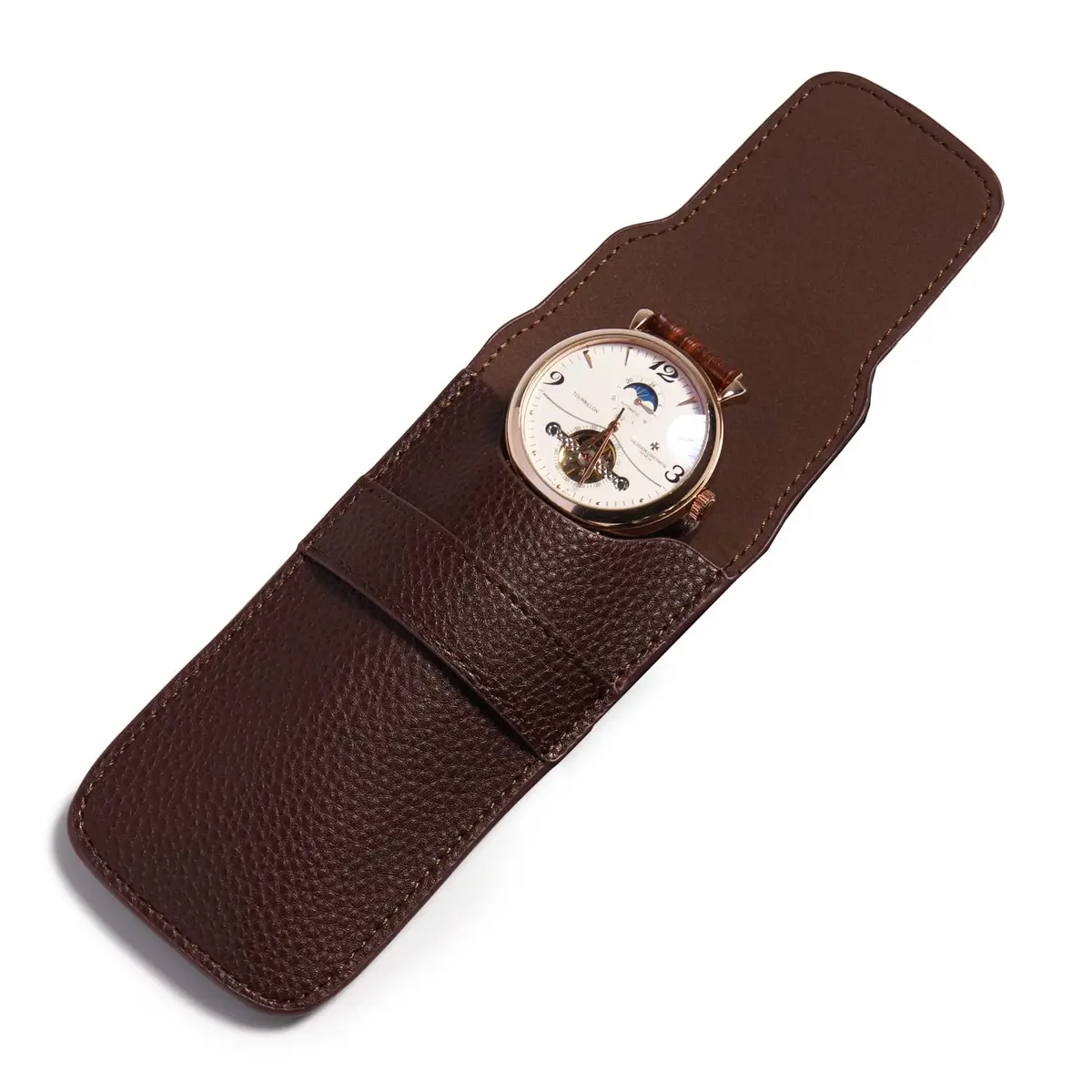 Woodten Brown PU Leather Watch Pouch | Slim Travel Storage Bag for Jewelry & Watches - main product image