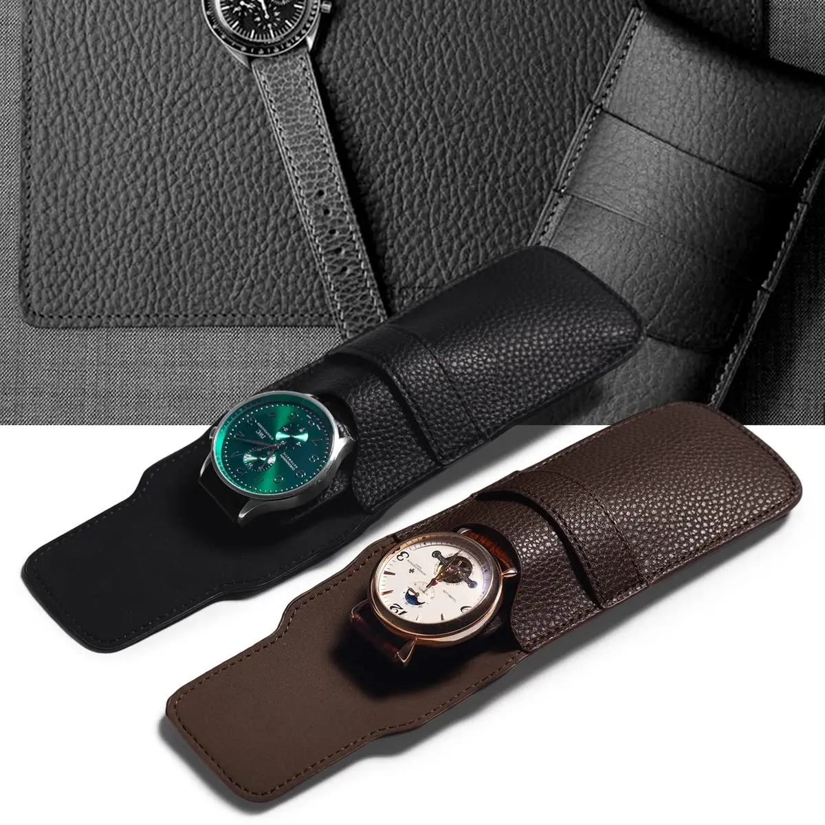 Woodten Brown PU Leather Watch Pouch | Slim Travel Storage Bag for Jewelry & Watches - view 2
