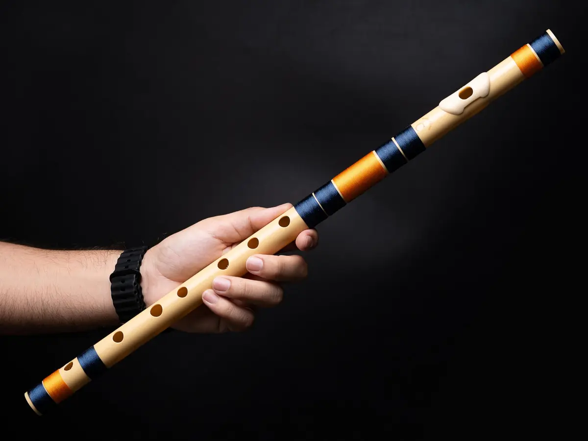 Radhe Flutes C Natural Bansuri | 51cm (20.1in) | Tuned A=440Hz, PVC Fiber, Dark Blue & Orange Threads - view 9