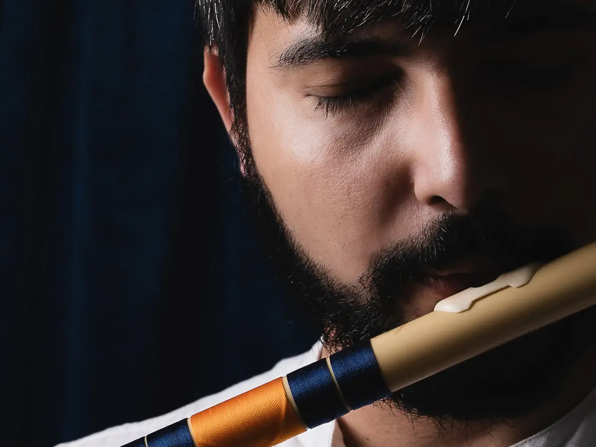 Radhe Flutes C Natural Bansuri | 51cm (20.1in) | Tuned A=440Hz, PVC Fiber, Dark Blue & Orange Threads - view 2
