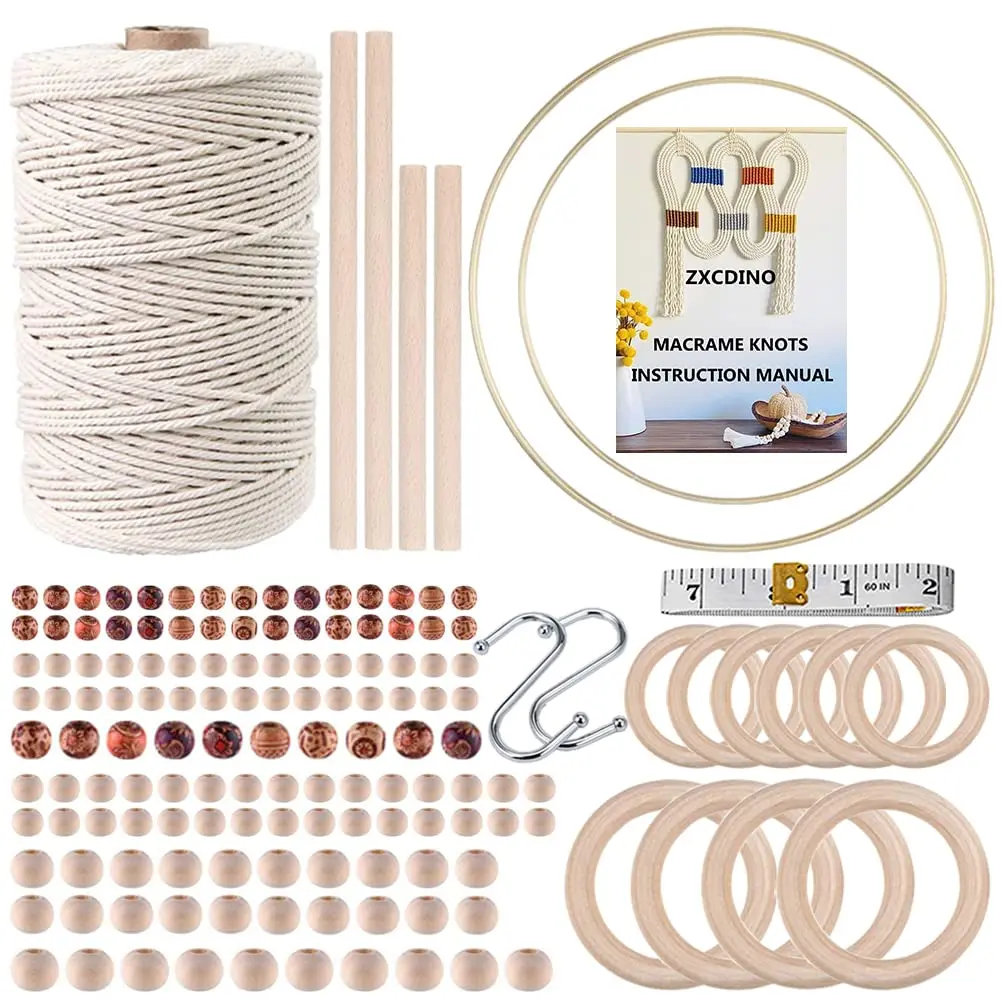 ZXCDINO 152pcs Macrame Kit for Beginners: Natural Cotton Cord, Wooden & Metal Rings, Beads & Hoops for Home Decor - main product image