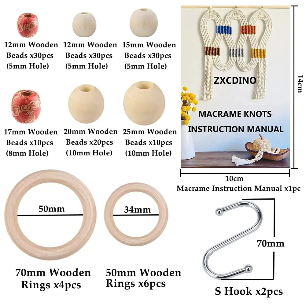 ZXCDINO 152pcs Macrame Kit for Beginners: Natural Cotton Cord, Wooden & Metal Rings, Beads & Hoops for Home Decor - view 3