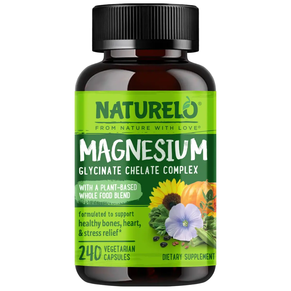 NATURELO Magnesium Glycinate Chelate Complex 200 mg 240 Count | Supports Sleep, Calm, Muscle Cramp & Stress Relief - main product image