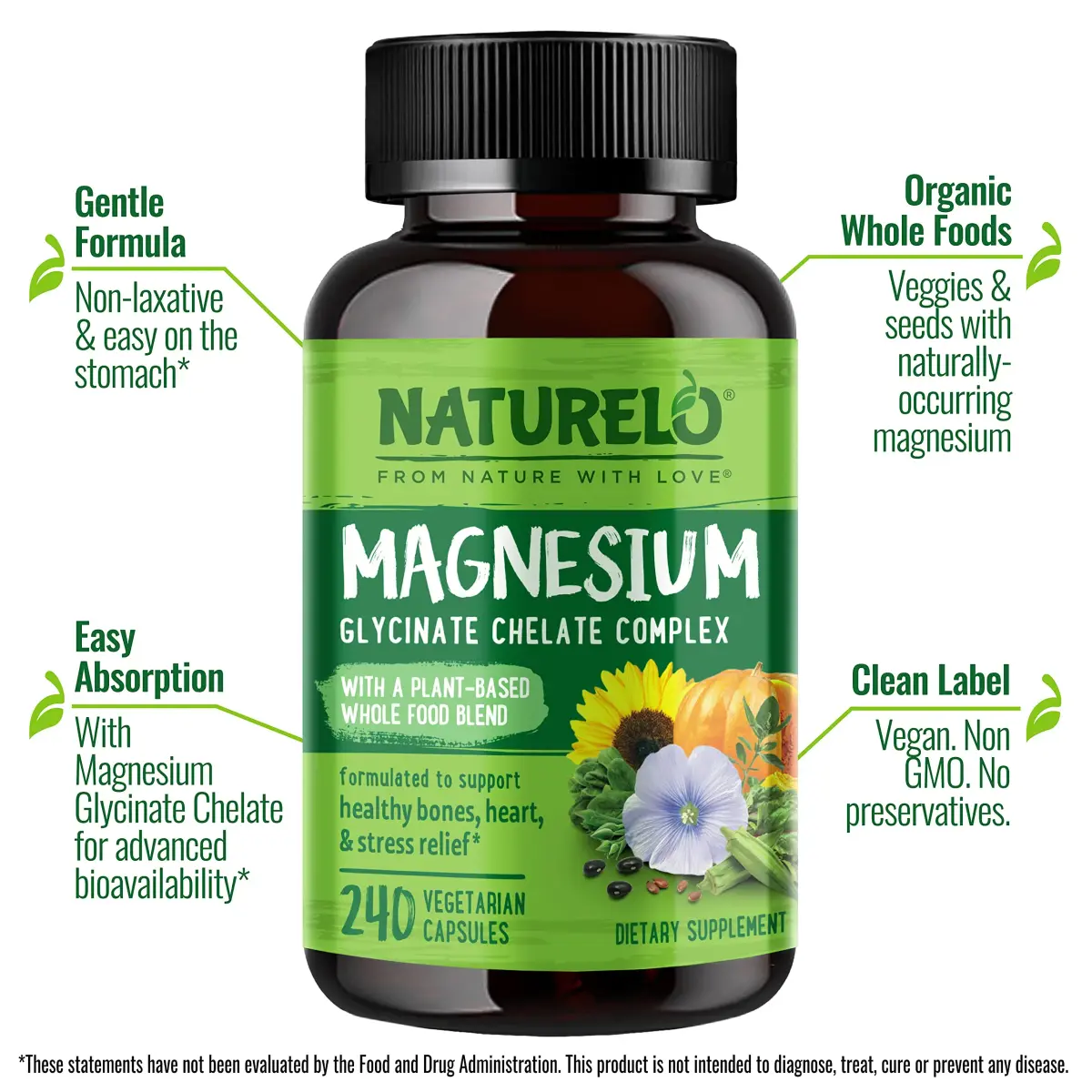 NATURELO Magnesium Glycinate Chelate Complex 200 mg 240 Count | Supports Sleep, Calm, Muscle Cramp & Stress Relief - view 2