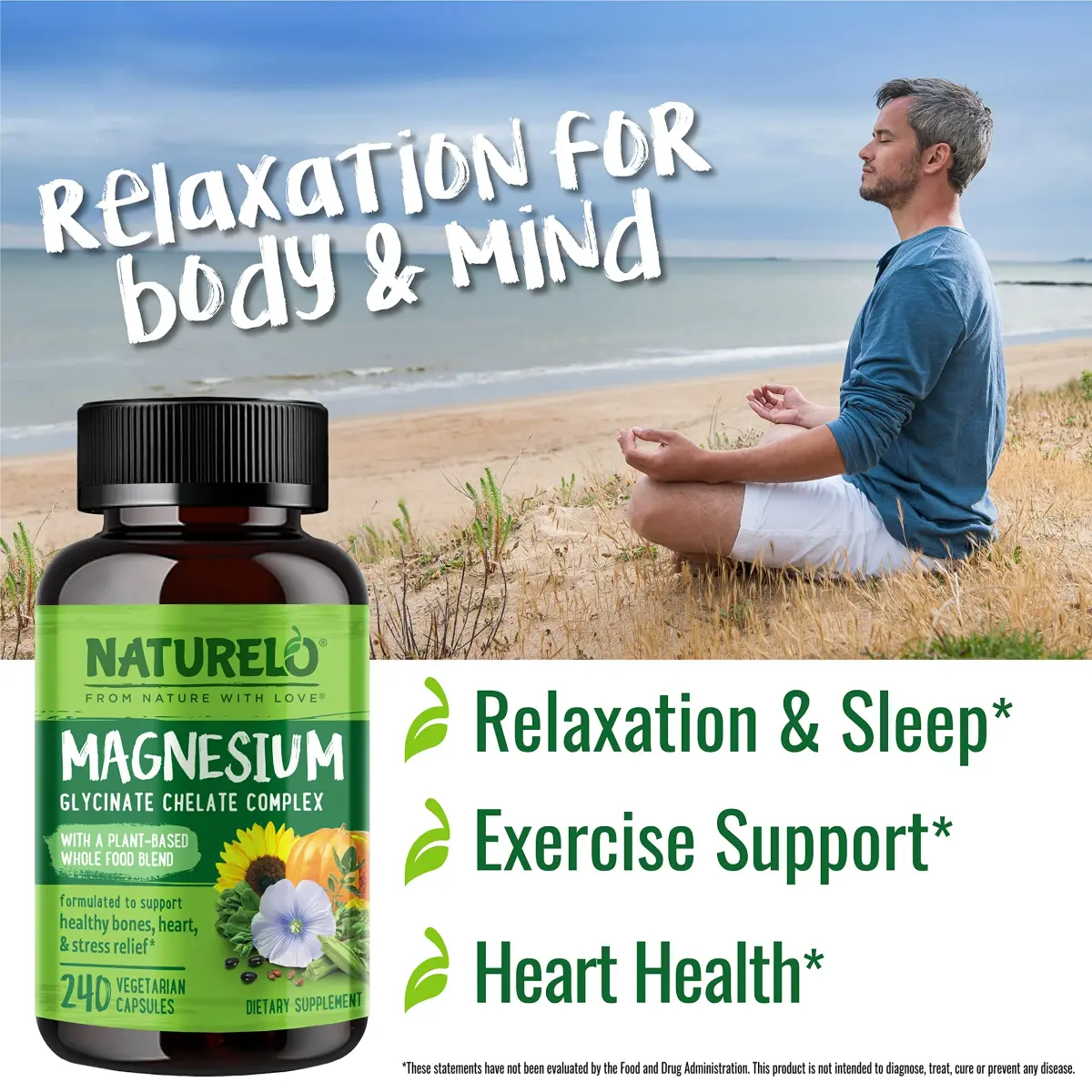 NATURELO Magnesium Glycinate Chelate Complex 200 mg 240 Count | Supports Sleep, Calm, Muscle Cramp & Stress Relief - view 4