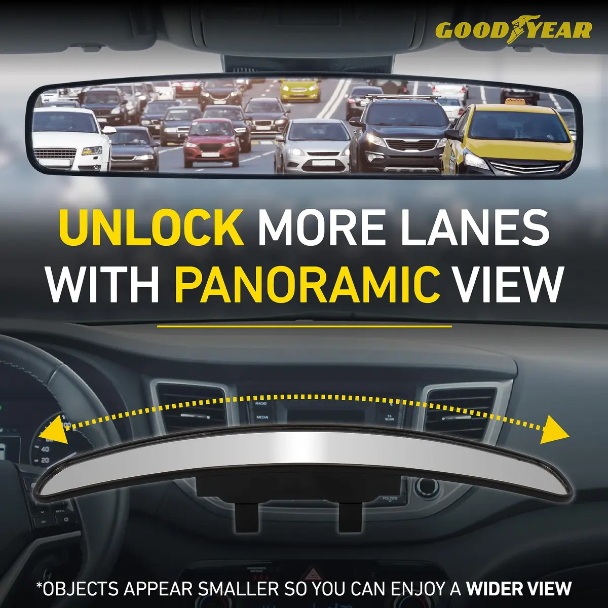 Goodyear Super Wide 17 Inch Panoramic Rear View Car Mirror | Clip-On Large for Cars, SUVs, Trucks - view 8