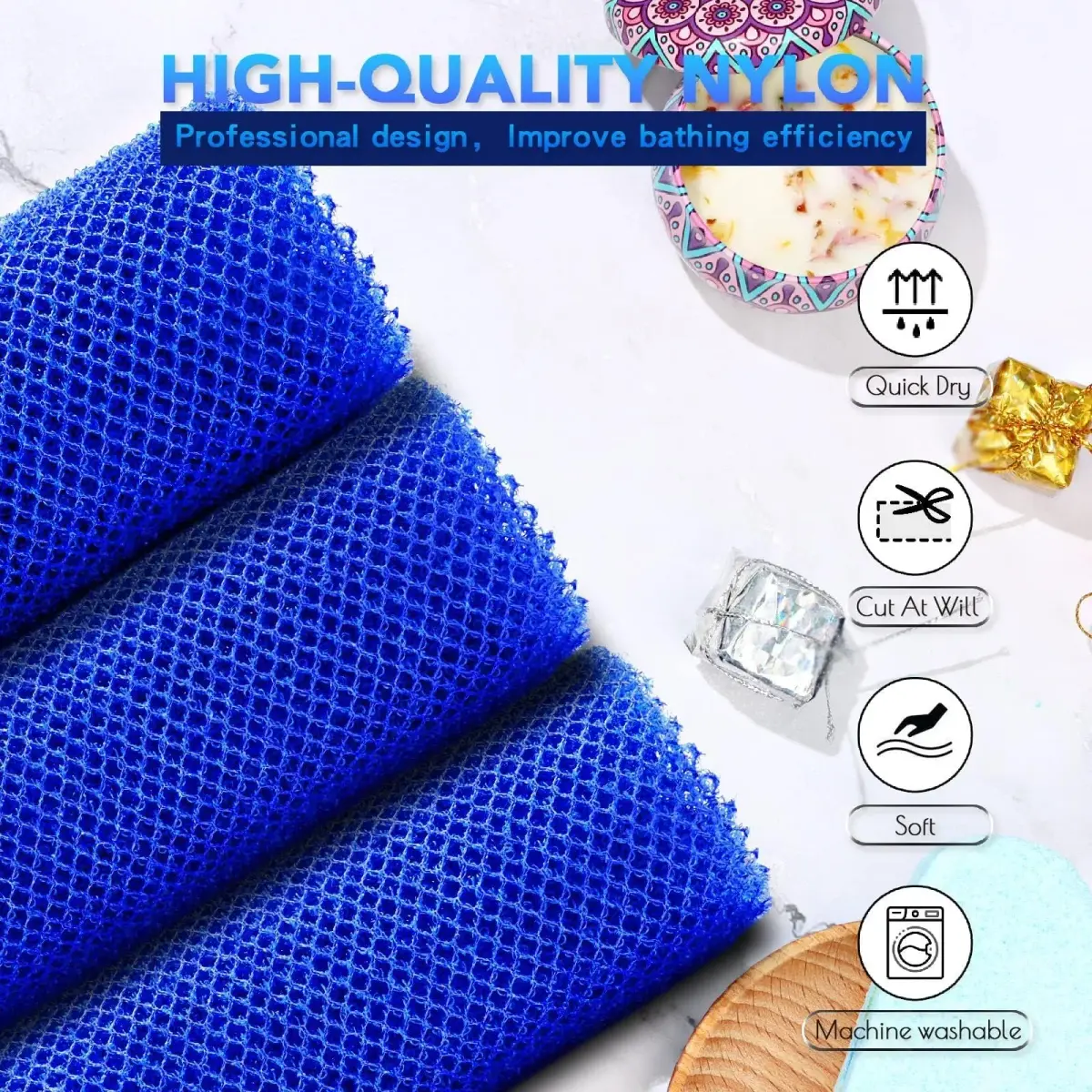 UJFQBH African Net Bath Sponge 80cm (31.5in) | Exfoliating Body Scrubber for Daily Use (Blue, 3-Pack) - view 4