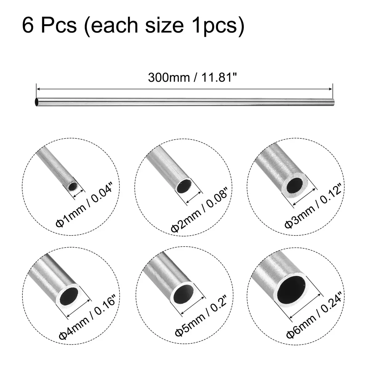 uxcell 304 Stainless Steel Tubes 300mm Length Pack of 6 | Industrial Metal Tubing - view 2