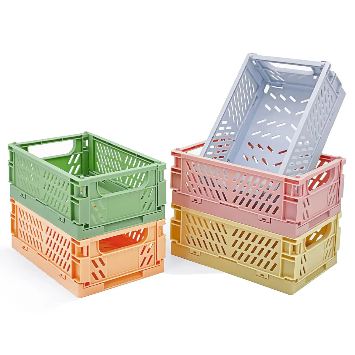 MONKISS 5-Pack Small Foldable Storage Bins, Stackable Mini Plastic Storage Crates 15.9cm (6.26") x 9.65cm (3.8") x 5.59cm (2.2") | Pastel Colors for Desk Organization - main product image