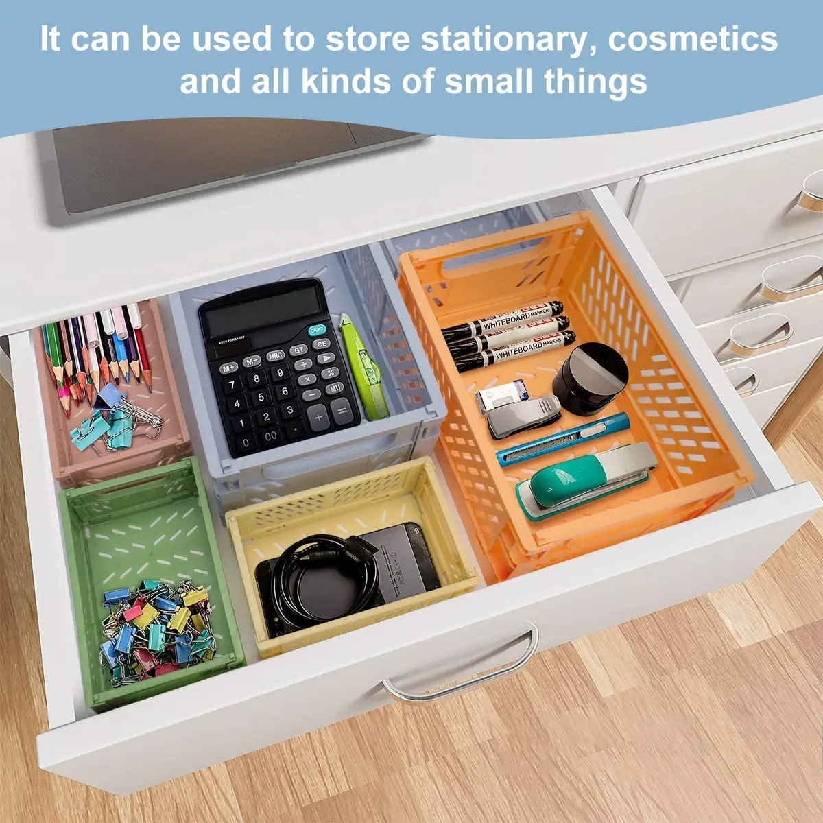 MONKISS 5-Pack Small Foldable Storage Bins, Stackable Mini Plastic Storage Crates 15.9cm (6.26") x 9.65cm (3.8") x 5.59cm (2.2") | Pastel Colors for Desk Organization - view 5
