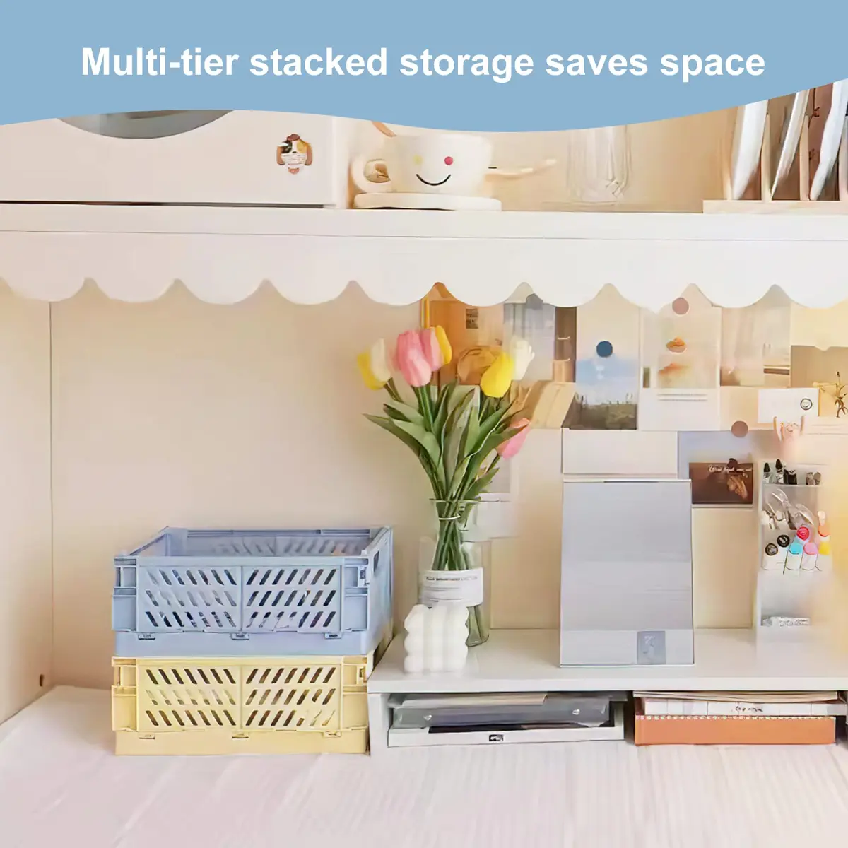 MONKISS 5-Pack Small Foldable Storage Bins, Stackable Mini Plastic Storage Crates 15.9cm (6.26") x 9.65cm (3.8") x 5.59cm (2.2") | Pastel Colors for Desk Organization - view 6