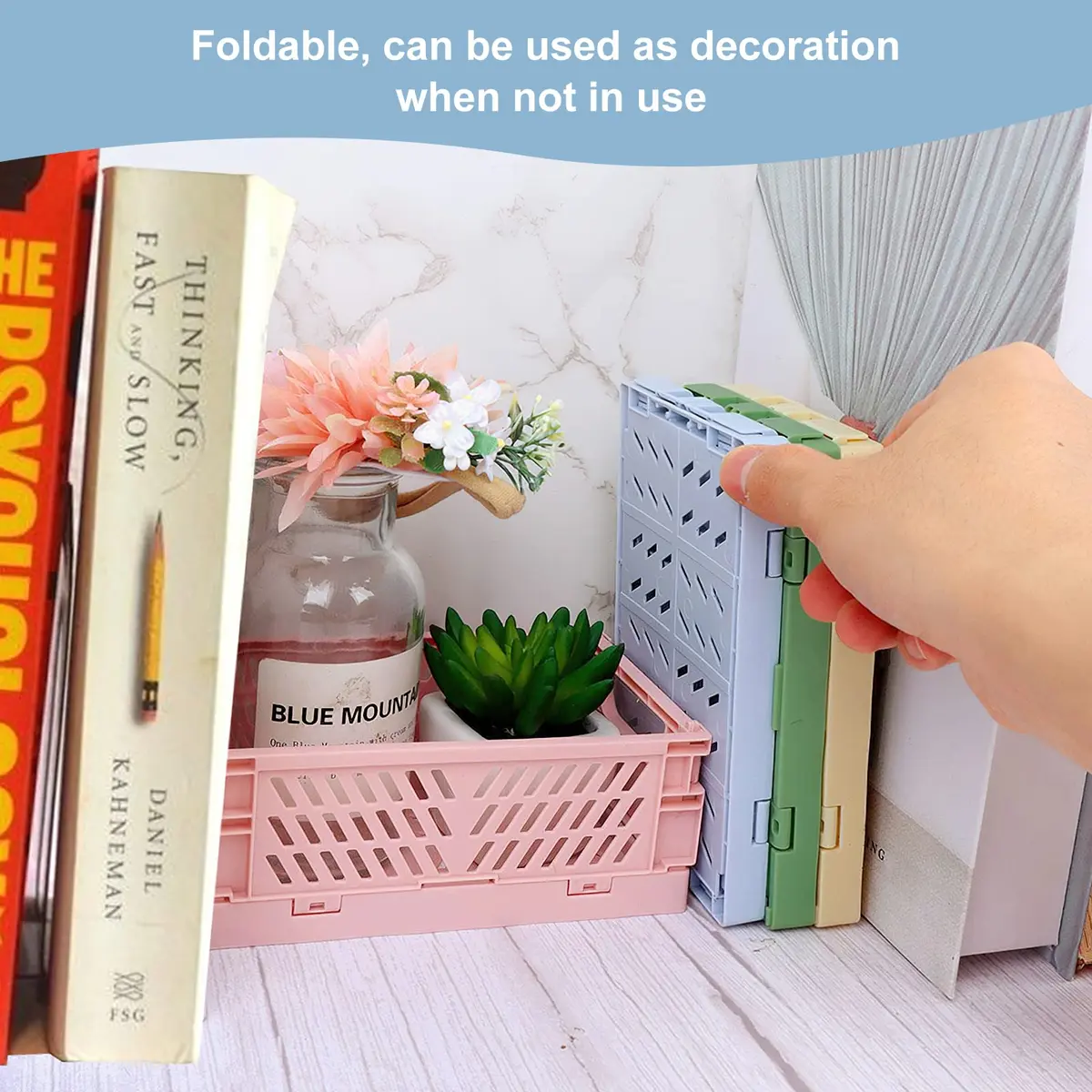 MONKISS 5-Pack Small Foldable Storage Bins, Stackable Mini Plastic Storage Crates 15.9cm (6.26") x 9.65cm (3.8") x 5.59cm (2.2") | Pastel Colors for Desk Organization - view 4