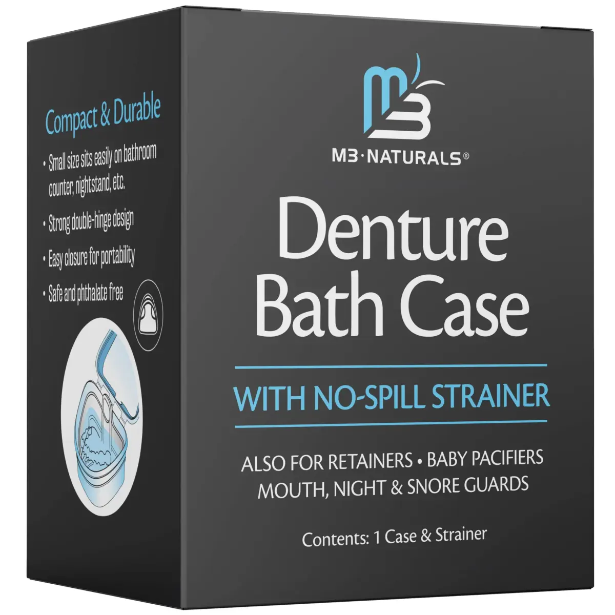 M3 Naturals Denture Bath Case with No-Spill Strainer for Retainers, Mouthguards, Night Guards, 1 Count Blue | Phthalate-Free - main product image