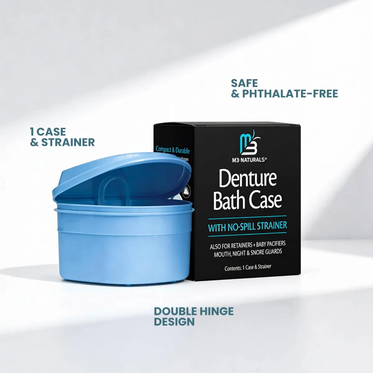 M3 Naturals Denture Bath Case with No-Spill Strainer for Retainers, Mouthguards, Night Guards, 1 Count Blue | Phthalate-Free - view 9