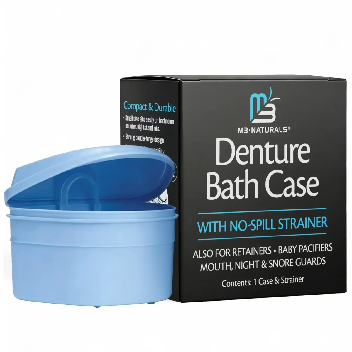 M3 Naturals Denture Bath Case with No-Spill Strainer for Retainers, Mouthguards, Night Guards, 1 Count Blue | Phthalate-Free - view 2