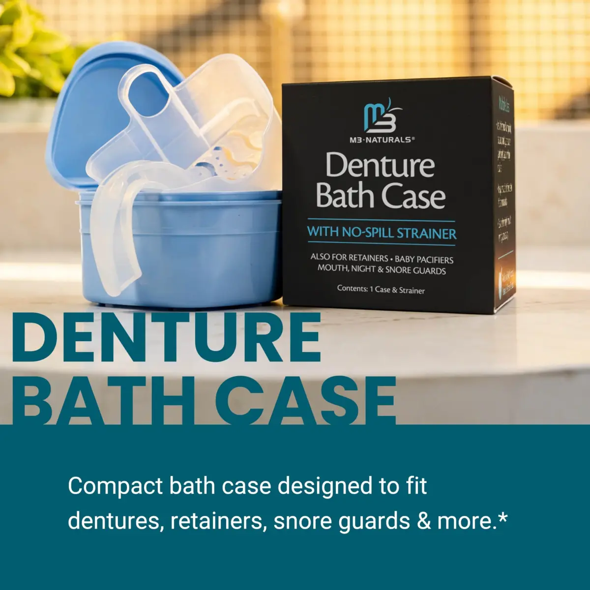 M3 Naturals Denture Bath Case with No-Spill Strainer for Retainers, Mouthguards, Night Guards, 1 Count Blue | Phthalate-Free - view 4