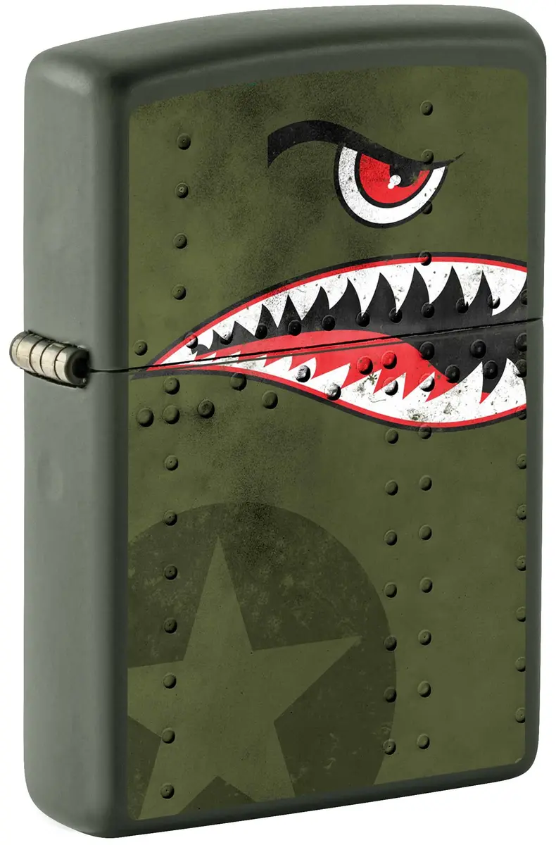 Zippo Fighter Plane Nose Art Shark Teeth Green Matte Lighter 3.65 cm (1.44 in) x 5.71 cm (2.25 in) x 1.27 cm (0.5 in) | Windproof Metal Construction - main product image