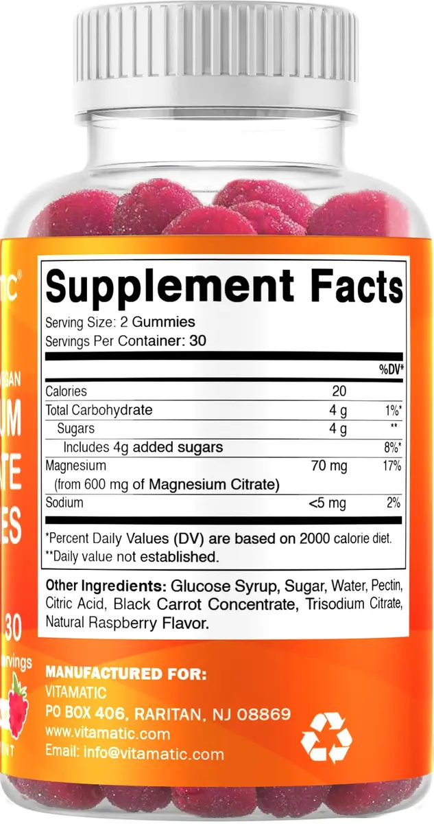 Vitamatic Magnesium Citrate Gummies 600mg | Vegan Raspberry Gummies for Relaxation & Energy Support - view 8