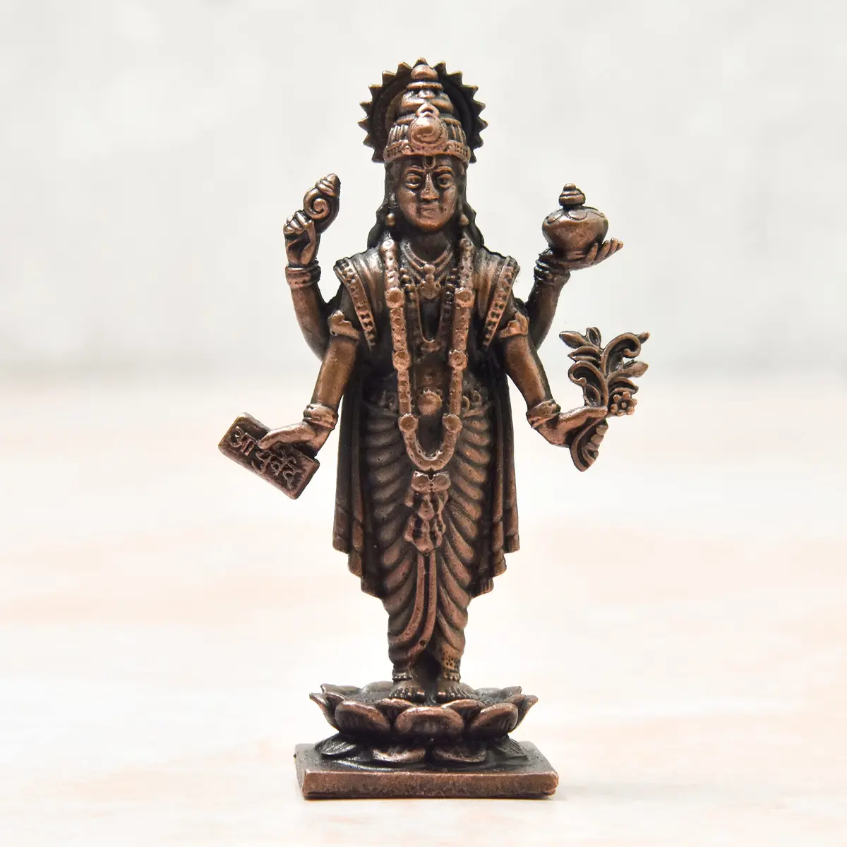 Copper Idols India Handmade Copper Dhanvantri Idol 7 cm (2.75 Inch) | Lord Dhanvantri Statue with Patina Antique Finish - view 5