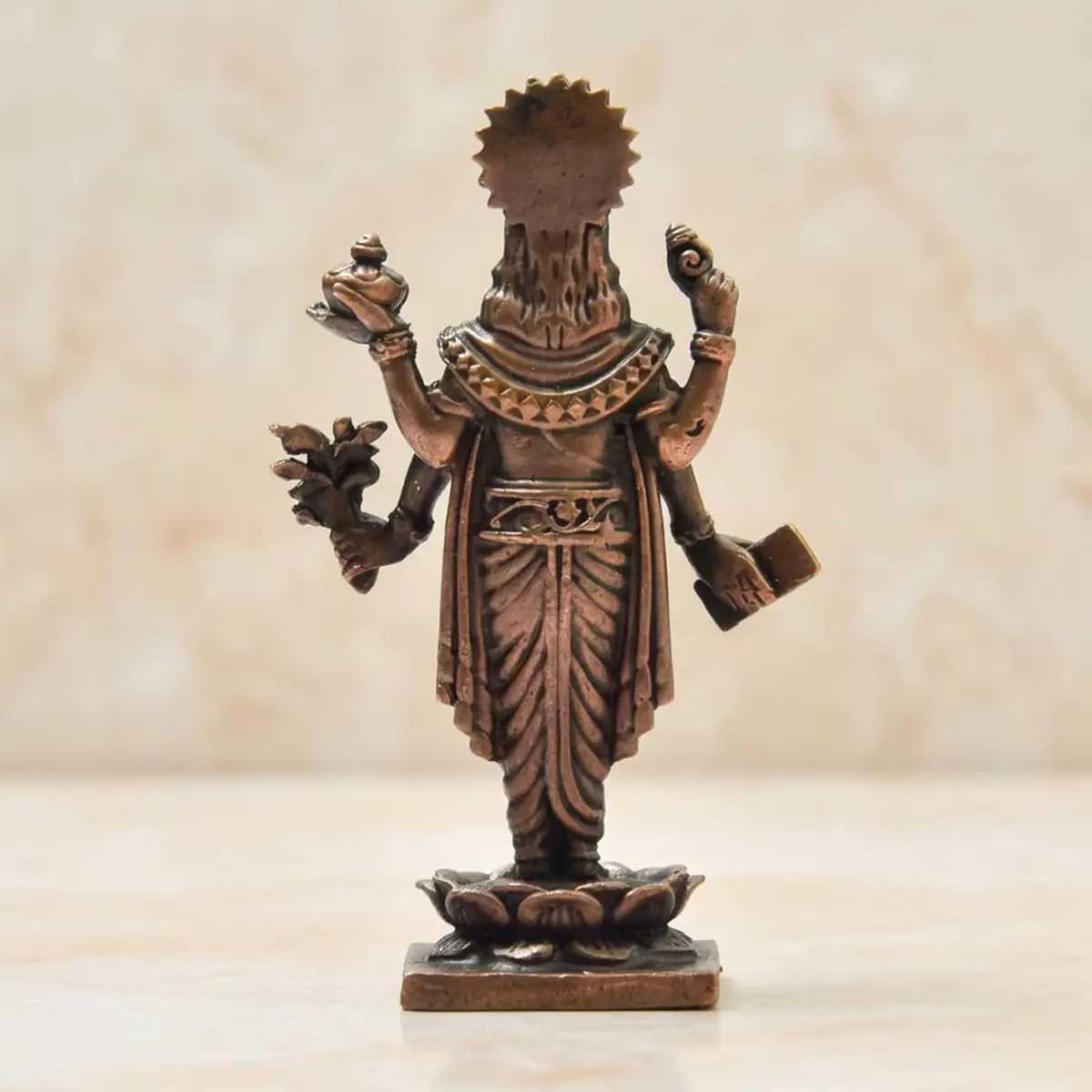 Copper Idols India Handmade Copper Dhanvantri Idol 7 cm (2.75 Inch) | Lord Dhanvantri Statue with Patina Antique Finish - view 7