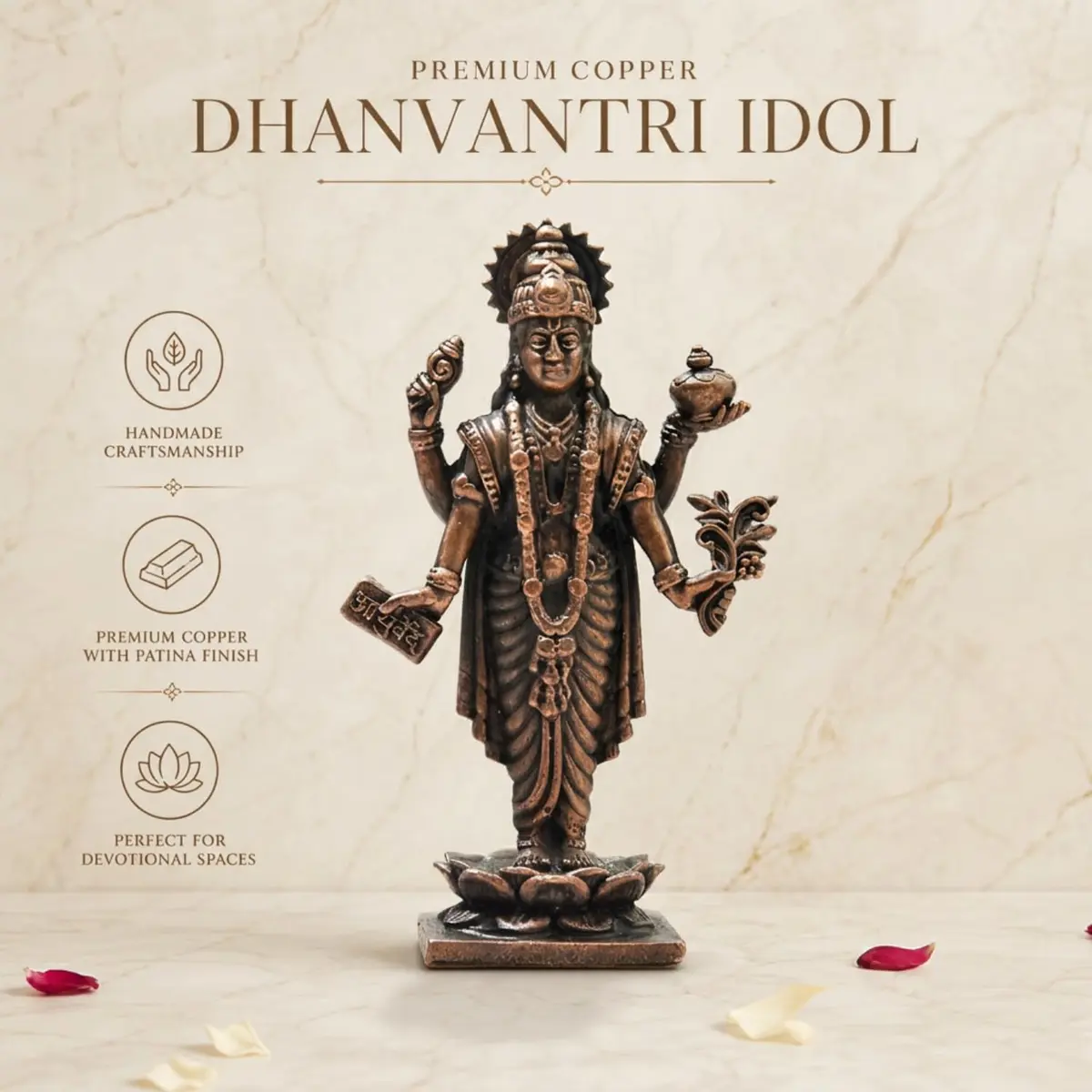 Copper Idols India Handmade Copper Dhanvantri Idol 7 cm (2.75 Inch) | Lord Dhanvantri Statue with Patina Antique Finish - view 2