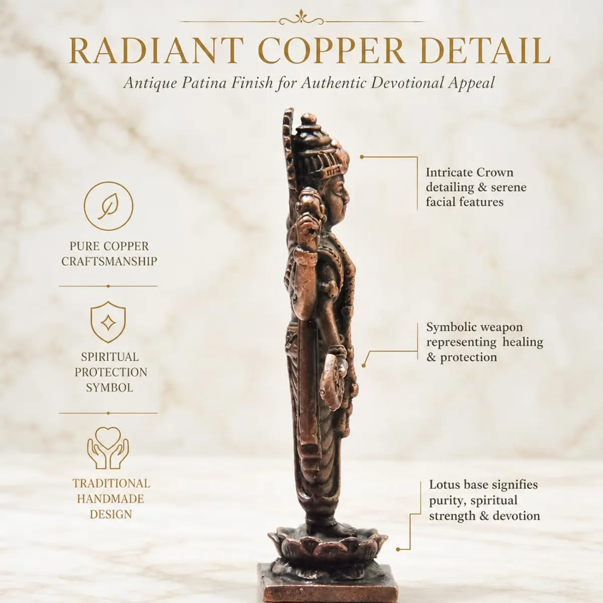 Copper Idols India Handmade Copper Dhanvantri Idol 7 cm (2.75 Inch) | Lord Dhanvantri Statue with Patina Antique Finish - view 3