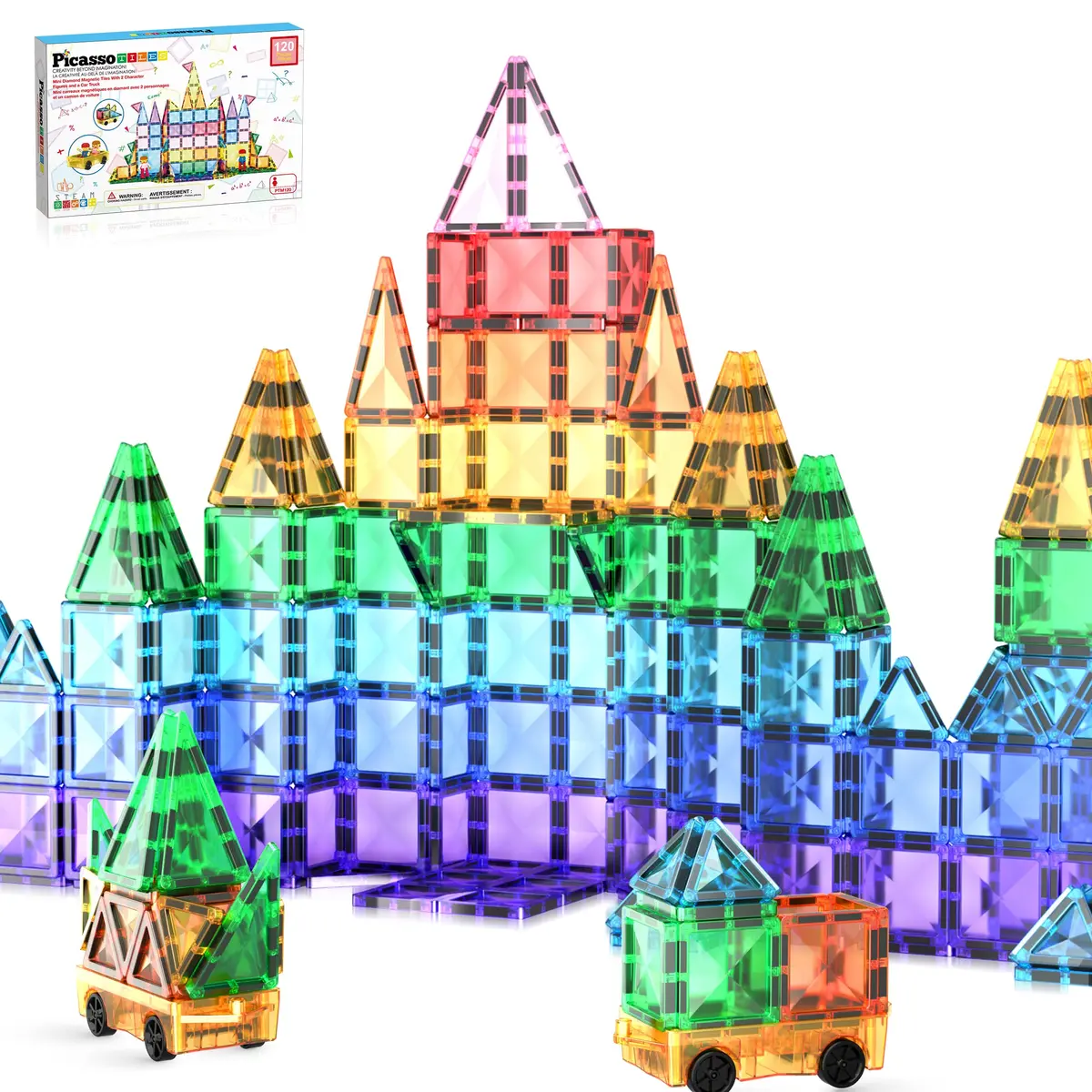 PicassoTiles 120pcs Magnetic Tiles Diamond Series | Mini Travel-Size Educational Toy for Kids 3+ - main product image