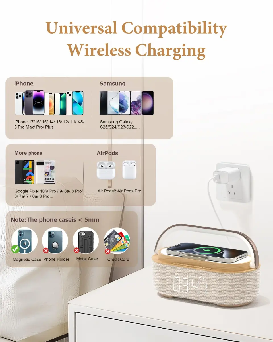 COLSUR Bluetooth Speaker Alarm Clock & Wireless Charger, Beige | 15W Fast Charging, FM Radio, 2500mAh Battery Backup - view 7