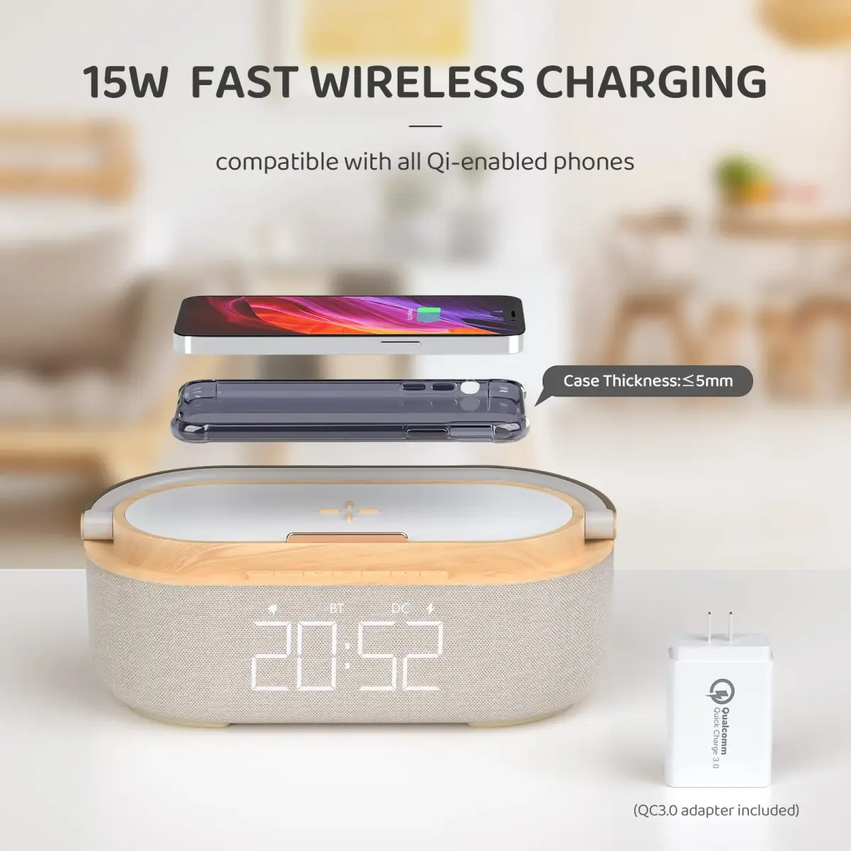 COLSUR Bluetooth Speaker Alarm Clock & Wireless Charger, Beige | 15W Fast Charging, FM Radio, 2500mAh Battery Backup - view 3