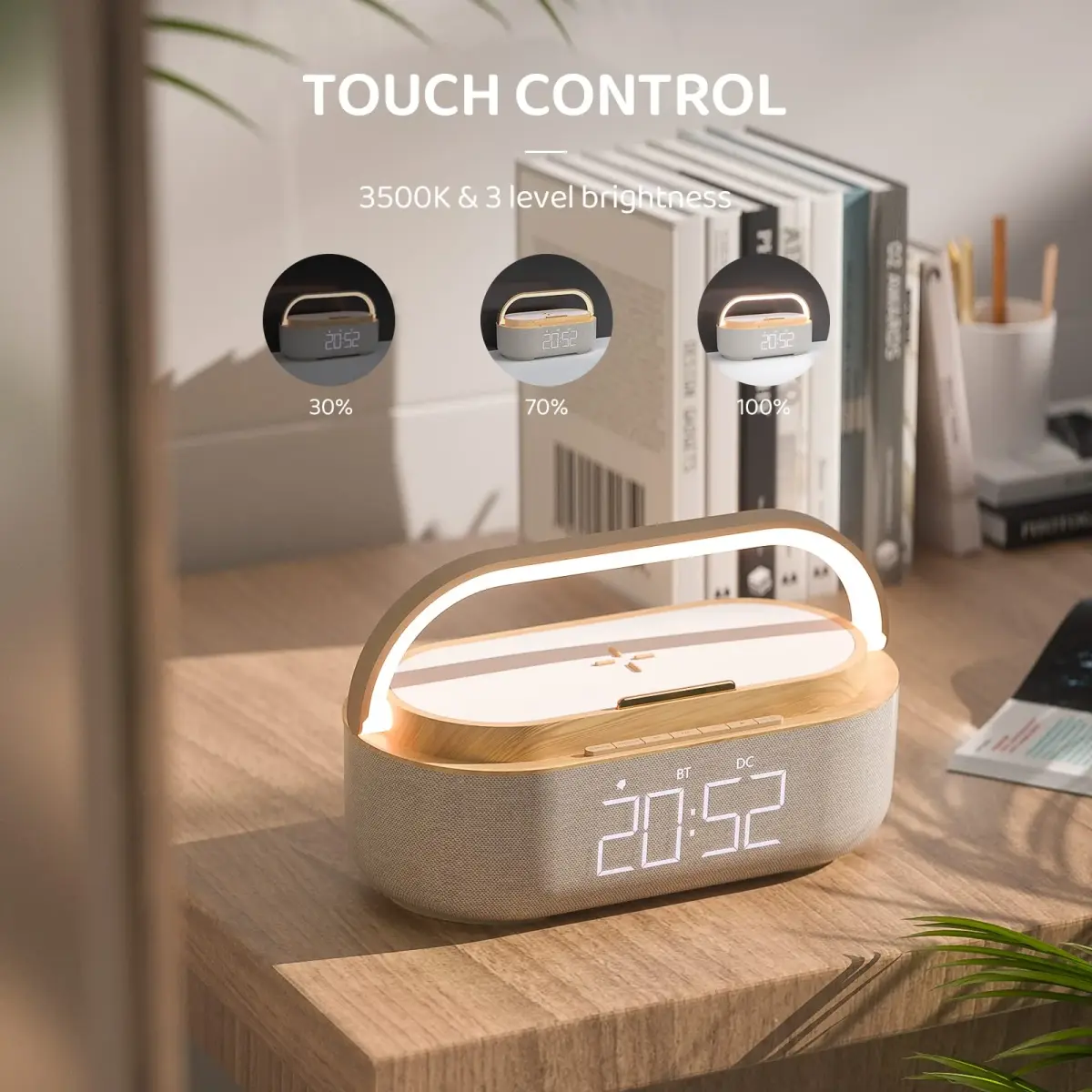 COLSUR Bluetooth Speaker Alarm Clock & Wireless Charger, Beige | 15W Fast Charging, FM Radio, 2500mAh Battery Backup - view 4