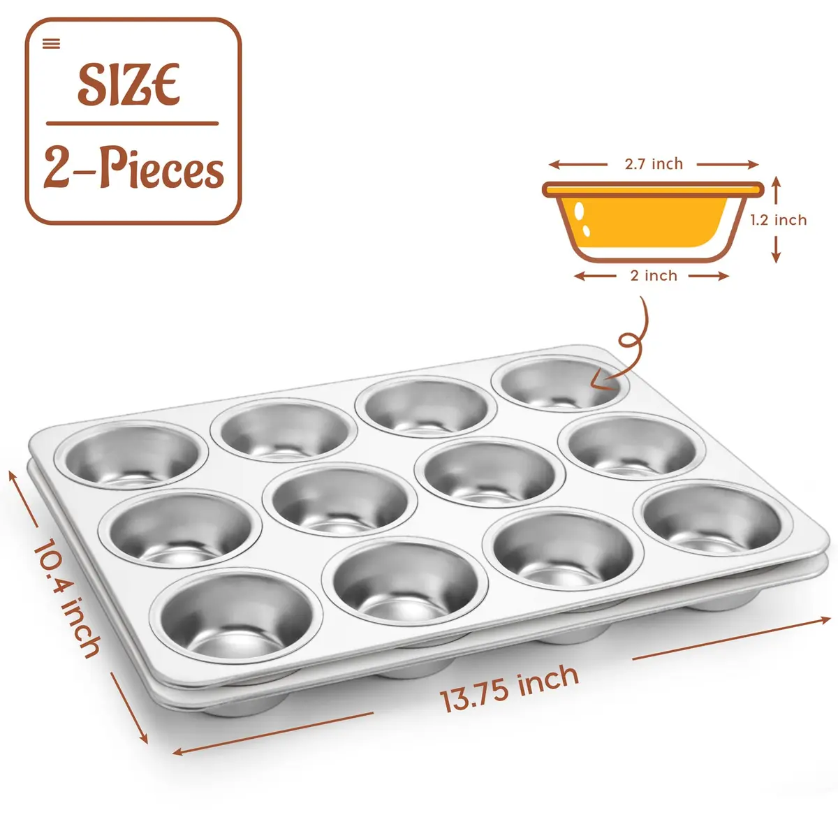 P&P CHEF 12-Cup Stainless Steel Muffin Pan Tin, 2-Pack | Heavy Duty & Oven Safe Bakeware - view 2