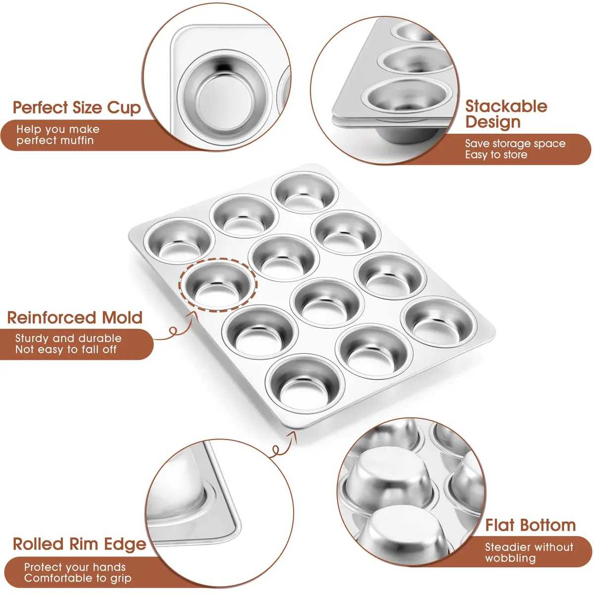 P&P CHEF 12-Cup Stainless Steel Muffin Pan Tin, 2-Pack | Heavy Duty & Oven Safe Bakeware - view 3