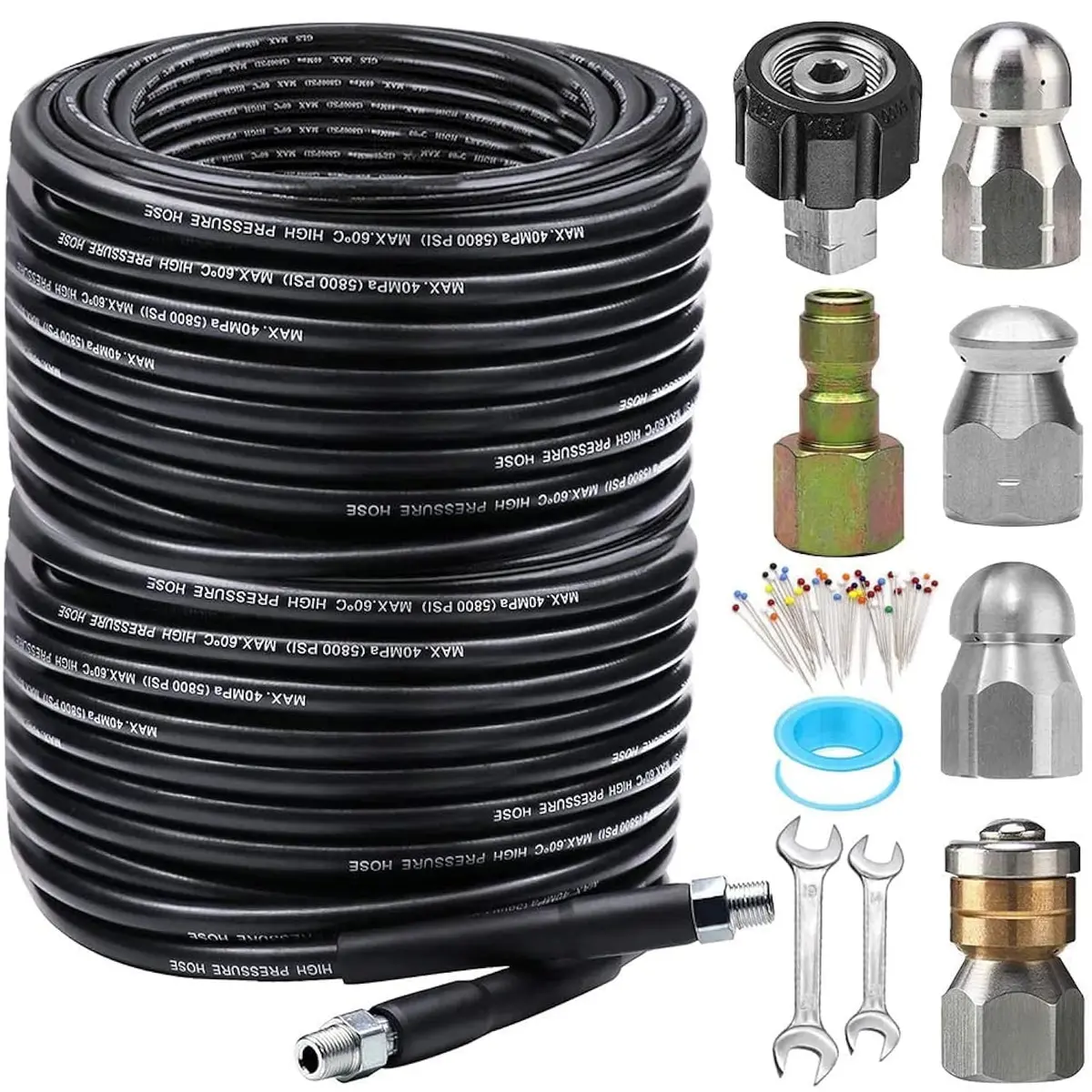 ZOFINE 200FT Sewer Jetter Kit for Pressure Washer, 5800PSI Drain Cleaner Hose with 6 Nozzles & M22/1/4" Fittings | Clears Clogs Fast - main product image