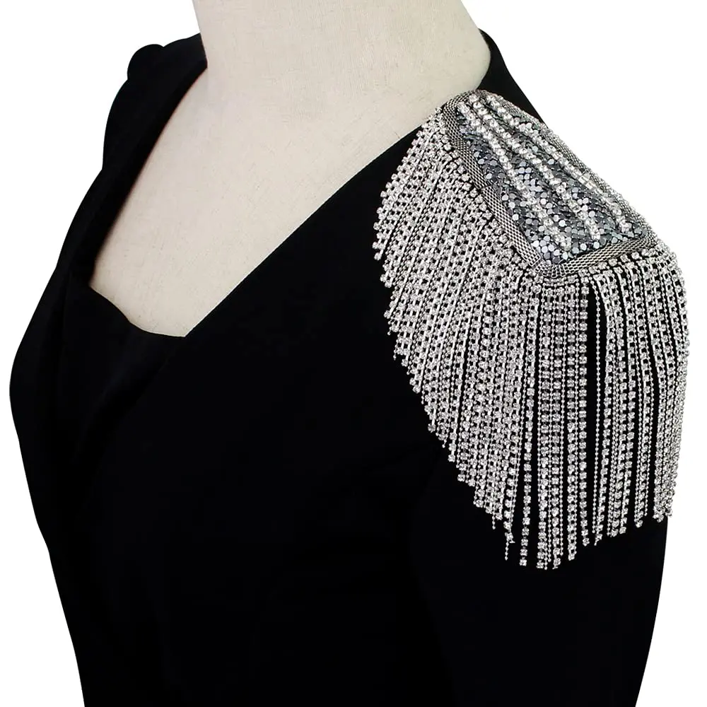 SXMFFHCG Beaded Crystal Shoulder Patches Motifs Fringe Tassel Epaulets Shoulder Brooches 2 Pieces (Silver B) - main product image