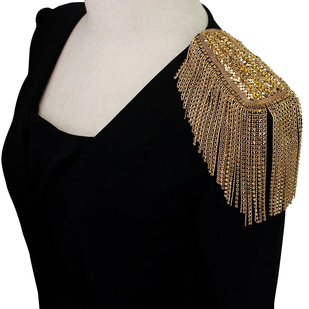 SXMFFHCG Beaded Crystal Shoulder Patches Motifs Fringe Tassel Epaulets Shoulder Brooches 2 Pieces (Gold B) - main product image