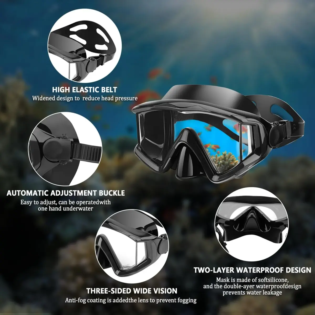 AQUA A DIVE SPORTS Adult Black Single Lens Diving Mask | 180° Wide View Anti-Fog - view 4