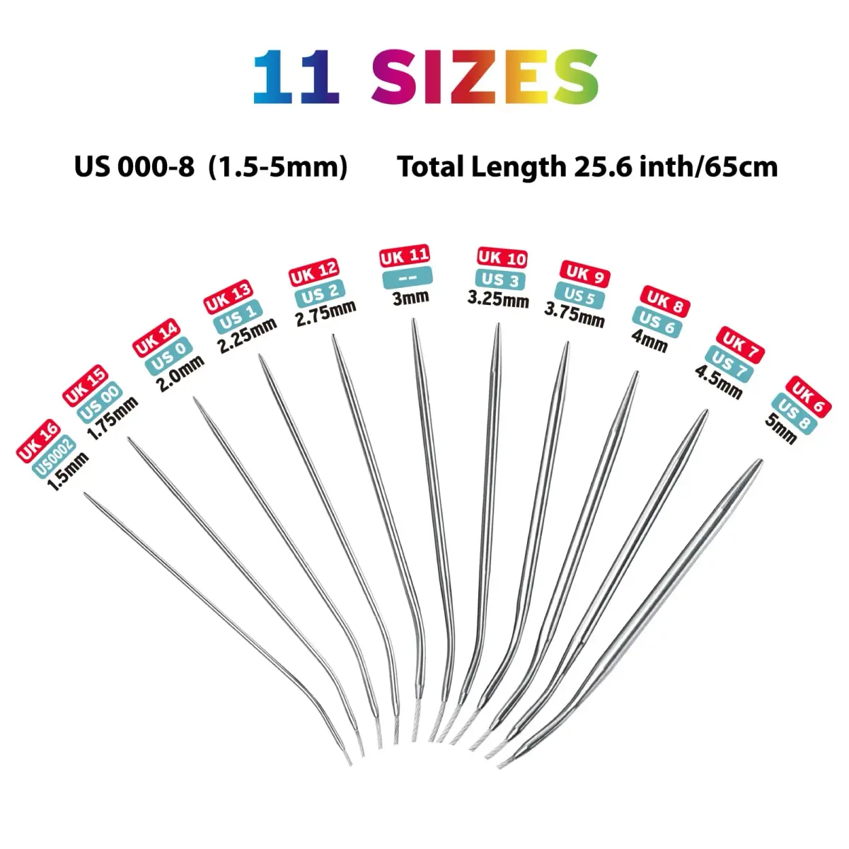 Coowayze Circular Knitting Needles Set 24 Inch (1.5mm - 5mm) | 11 Pairs Stainless Steel Magic Loop Needles - view 2