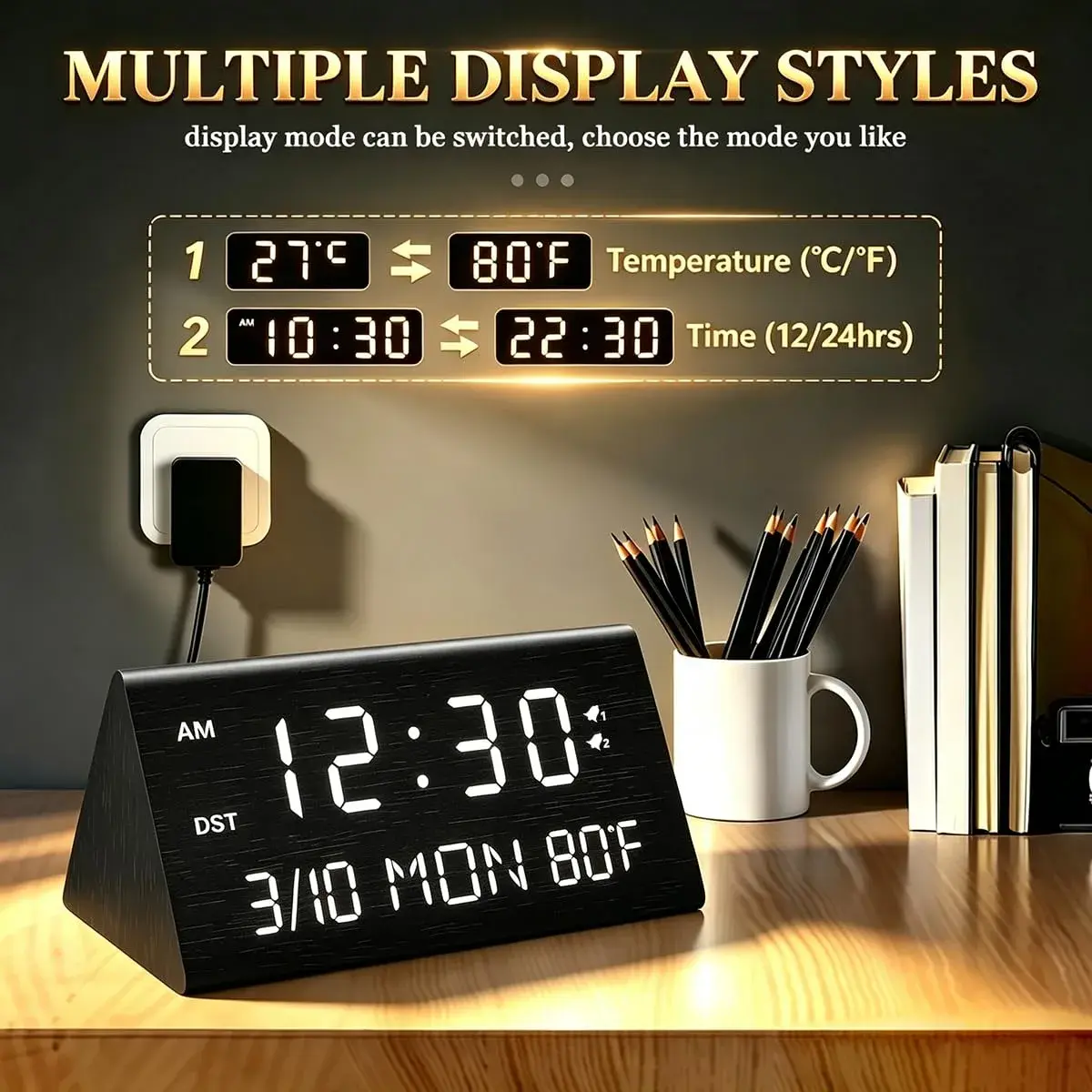 Kogonee Wooden Digital Alarm Clock with Dual USB Ports, Dimmable LED Display, Date, Day, Temp | 15.2 cm (6 Inch) Black - view 7